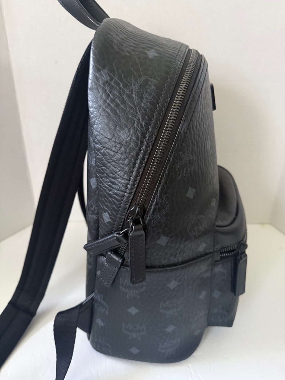 MCM Black Logo-Print Pebbled Leather Backpack - Picture 2 of 7